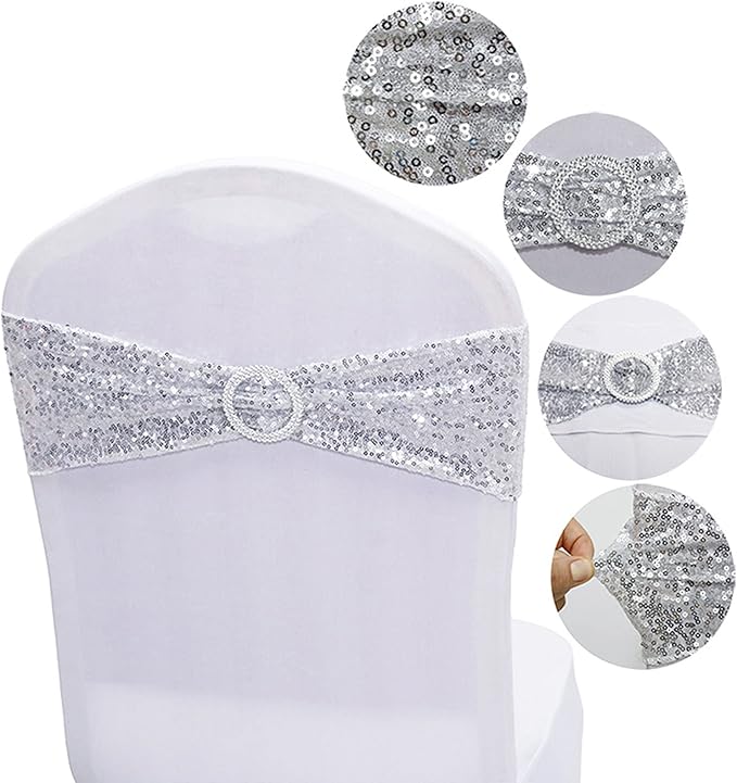 Dimatic 25 PCS Stretch Sequin Chair Sashes Chair Stretchy Spandex Bands for Wedding Reception Events Banquets Chairs Decoration (Silver)