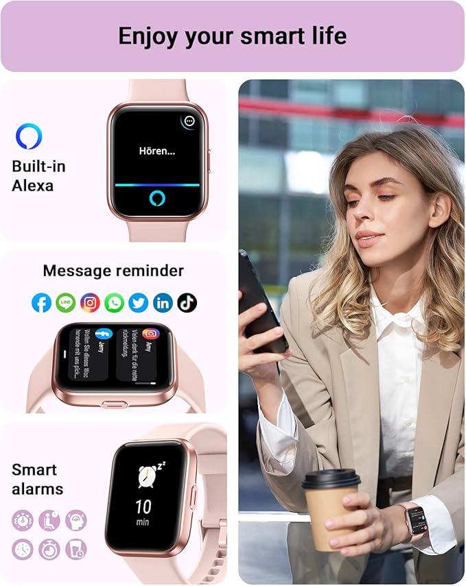 Tensky Smart Watch for Women Android & iPhone, Alexa Built-in, 1.8" Touch Screen Fitness Tracker with Answer/Make Calls, 3ATM Waterproof Heart Rate/Sleep/SpO2 Monitor, Pedometer, 100+ Sport Modes