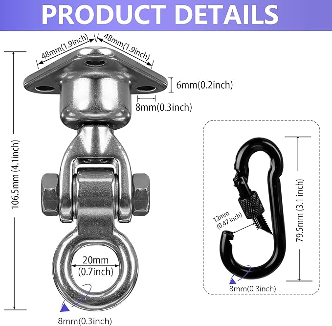 1500 LBS Heavy Duty Swing Hanger | 304 Stainless Steel Swivel Hanging Hardware with Oval Hooks | for Porch Swing, Hammock, Punching Bag, Playground,Hanging Chair (3 holes-360°+180°)