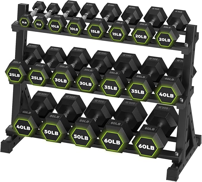 HANDBODE Hex Dumbbell Set with Rack, 300-840 lb Rubber Coated Fixed Weights Sets with Heavy Duty Storage Stand, Hexagon Shape for Stable Placement, Home Gym Equipment for Strength Training