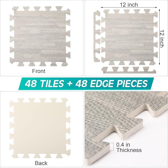 Tinideya 48 Pcs Printed Foam Tiles Bulk 12 x 12 Inch Interlocking Foam Mats Wood Grain Puzzle Floor Mat Tiles EVA Floor Padding Exercise Flooring with Border for Home Gym Playroom Kids(Gray)