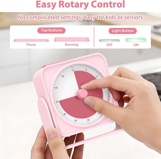 Rechargeable Visual Timer 60-Minute for Classroom Countdown Stopwatch Timer, w/Adjustable Stand for Homeschool Supplies Study Time Management Tool, for Desk Office Work Meetings, Mute Function, Pink