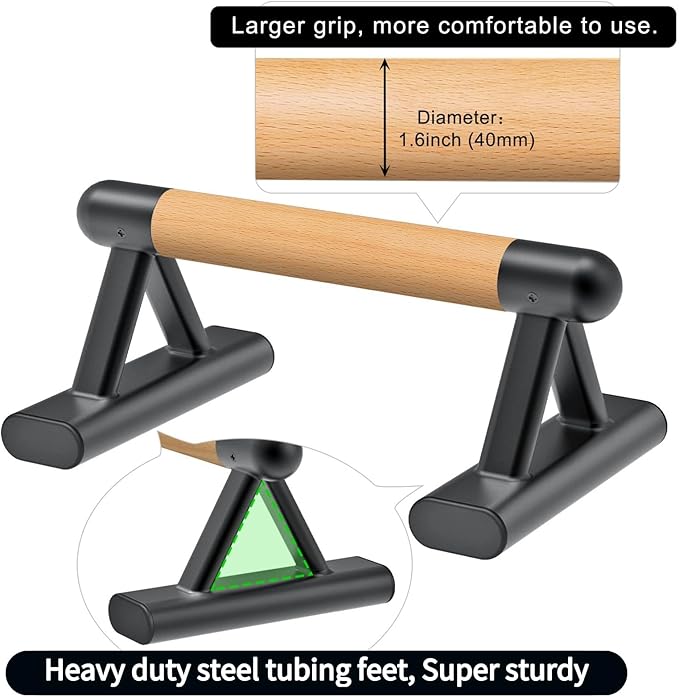 SELEWARE Wood Push Up Bars & Parallettes Bundle - Anti-Slip Handstand Bars for Calisthenics, Fitness, Floor Workouts - Solid Wood with Sturdy Metal Bracket, Supports 600 lbs