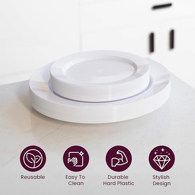Aya’s 60 Pack Plastic Plates for Party - Heavy Duty Disposable Plate Set with 30 Dinner and 30 Salad Plates - Durable Round White Thanksgiving Plate for Weddings, Holidays, Events, and Gatherings