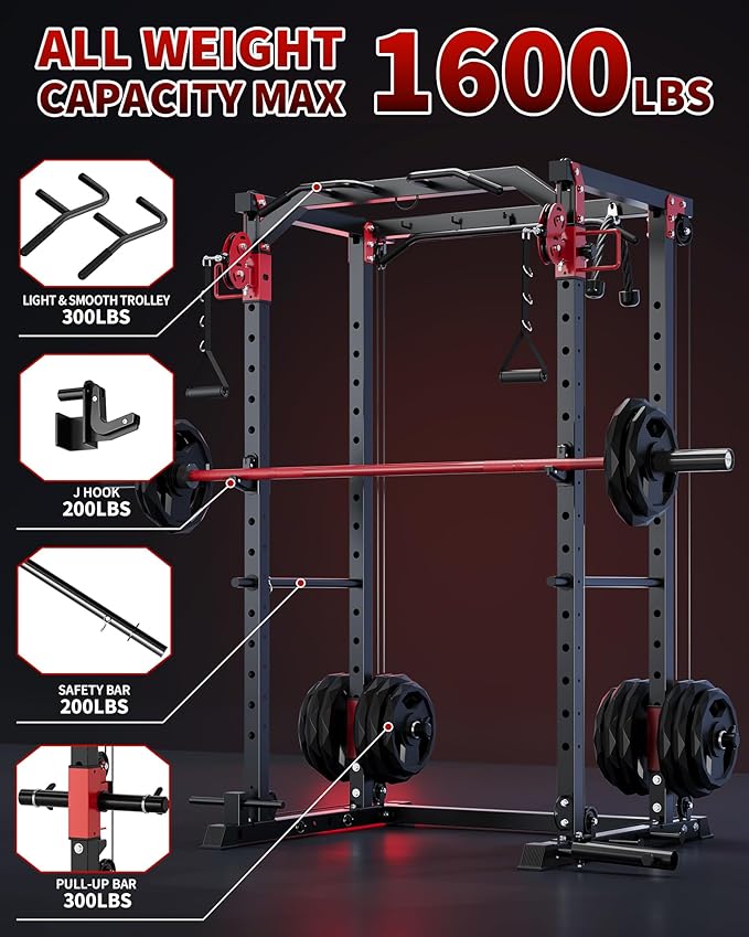 GarveeLife Power Cage, Power Rack with Cable Crossover System, 2000LBS Squat Rack with LAT Pull Down System, Workout Cage with Pulley System for Fitness Home Gym Strength Training(Red and Black)