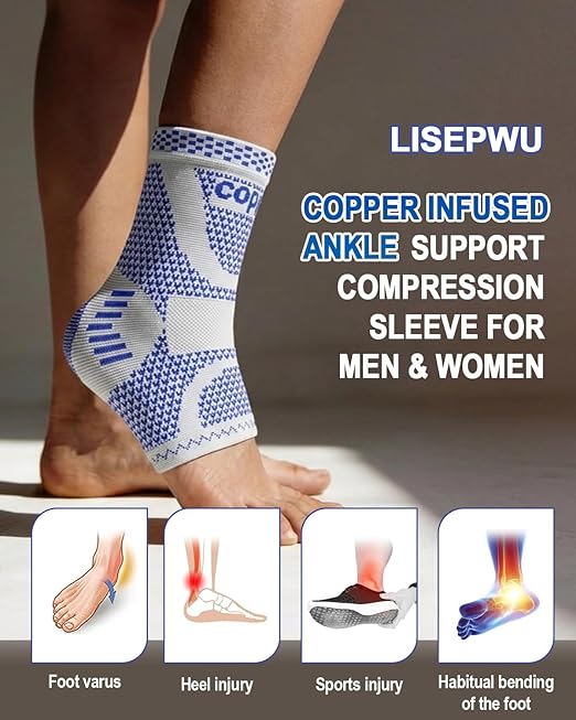 LISEPWU Copper Ankle Brace, Copper Infused Ankle Support Compression Sleeve for Men & Women, for Foot Pain Relief, Sprained Recovery, Achilles Tendonitis, Daytime or Night Use(Blue XL)