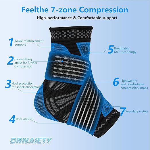 DRNAIETY Copper Ankle Brace for Men & Women - 1 Pair Adjustable Ankle Support Compression Sleeve for Plantar Fasciitis, Achilles Tendonitis, Foot Pain, Swelling, Sprains - Everyday Use (Black, Medium)
