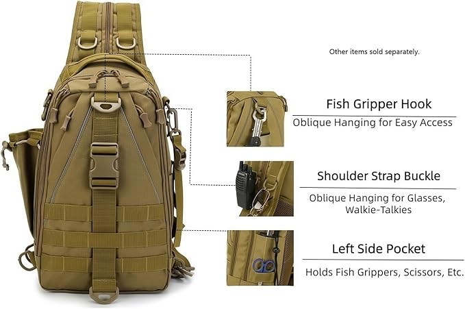Mint & Moss Tactical Backpack for Men Water Resistant Tackle Backpack with Rod Holder & Tackle Box Kit, Lightweight Sling Fishing Bag for Trekking Survival Camping Fitness Travel (Brown)