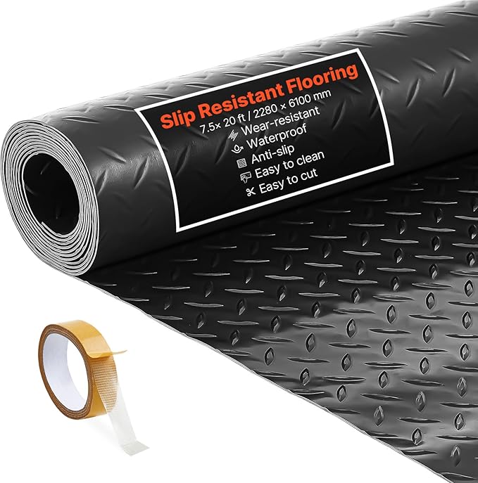VEVOR Garage Floor Roll, 7.5 x 20 ft Garage Flooring Mat, 2.2 mm Thickened PVC Diamond Plate Floor Protector Mat with Double-Sided Tape, Non-Slip, Easy to Clean for Warehouse, Gyms, Trailer, Black
