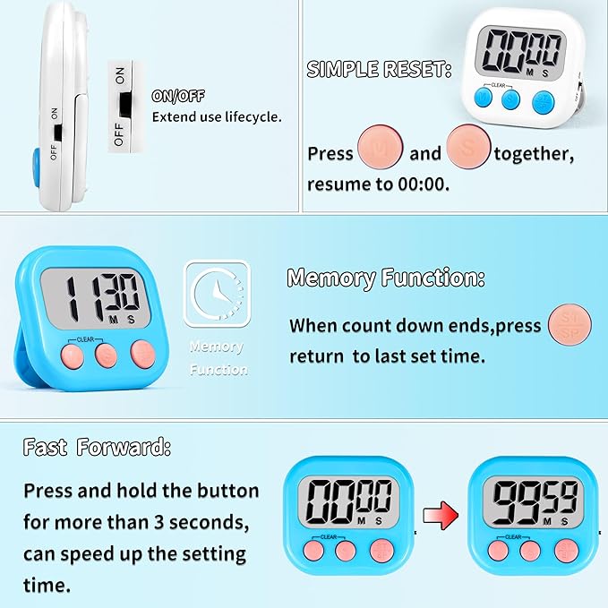 Timer for Kids Teachers Supplies Digital Kitchen Timers for Cooking Large Magnetic Classroom Timer 12Pack-Blue White