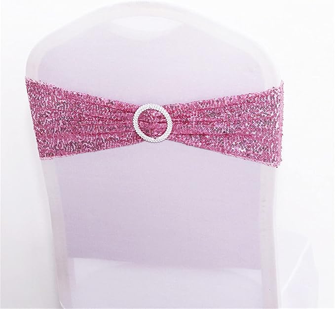 Dimatic 25 PCS Stretch Sequin Chair Sashes Chair Stretchy Spandex Bands for Wedding Reception Events Banquets Chairs Decoration (Pink)