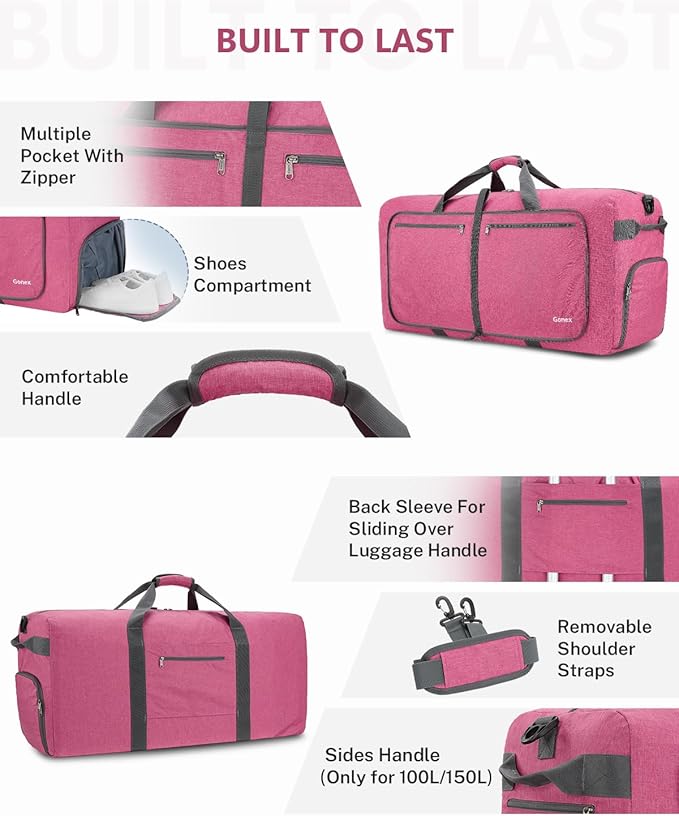 Gonex Large Foldable Travel Duffle Bag with Shoes Compartment, Packable Lightweight Water Repellent Duffel Bag for Camping Gym Weekender Bag