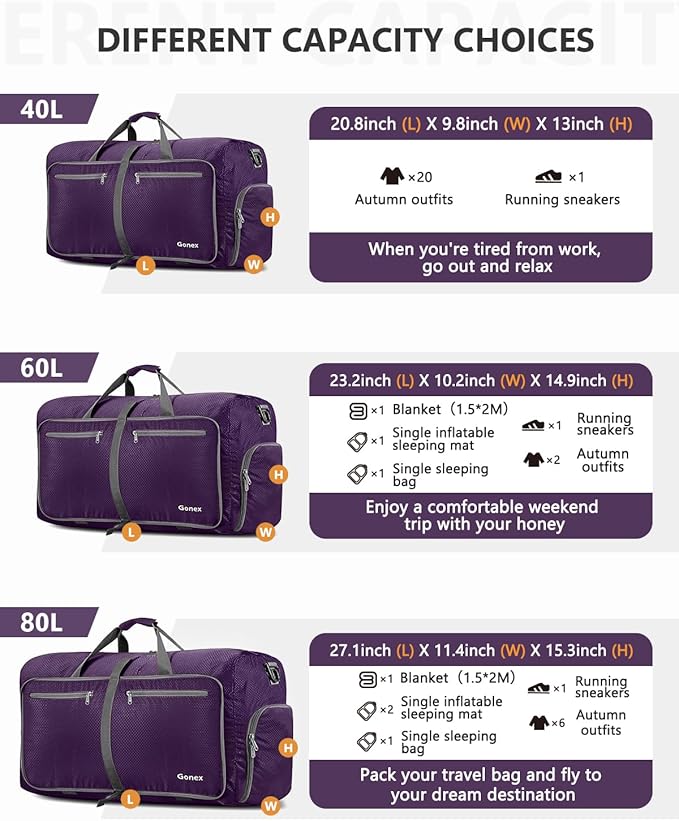 Gonex Large Foldable Travel Duffle Bag with Shoes Compartment, Packable Lightweight Water Repellent Duffel Bag for Camping Gym Weekender Bag