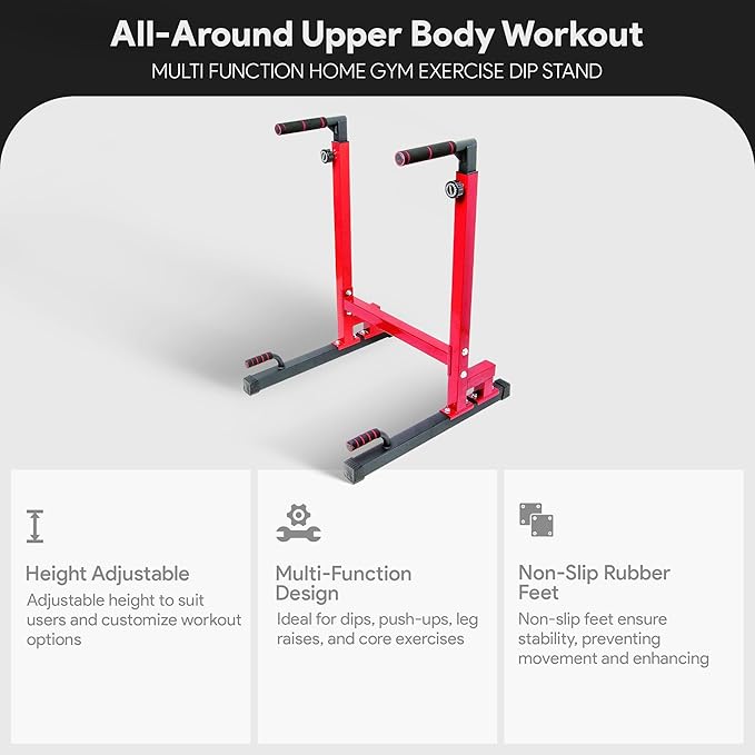 BalanceFrom Steel Frame Dip Station with Adjustable Height, 500 Pound Weight Capacity – Upper Body Workout Home Gym Equipment for Triceps, Push & Pull Ups, Leg Raises, and Bench Press