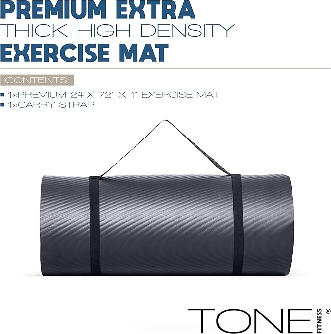 Tone Fitness 1-Inch Thick Yoga Mat | High-Density, Non-slip Exercise Mat with Carrying Strap for Yoga, Pilates, & Home Gym Workouts | Multiple Options