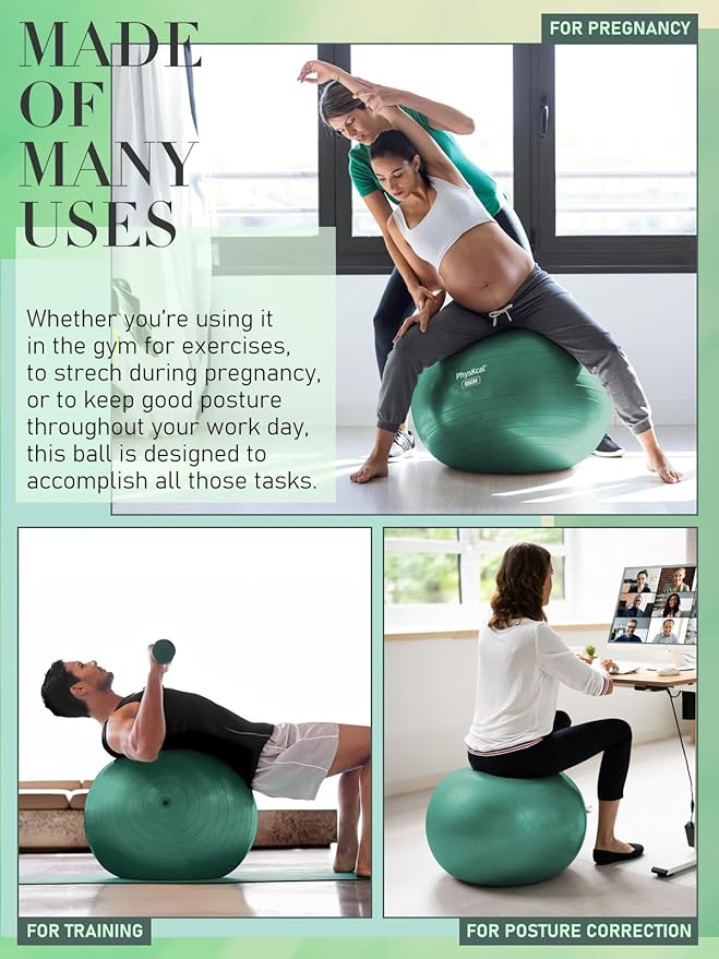 PhysKcal Yoga Ball for Exercise, Pilates Set, 4 Sizes Fitness Ball for Workout, Birthing, Pregnancy, Physical Therapy- Pump Included
