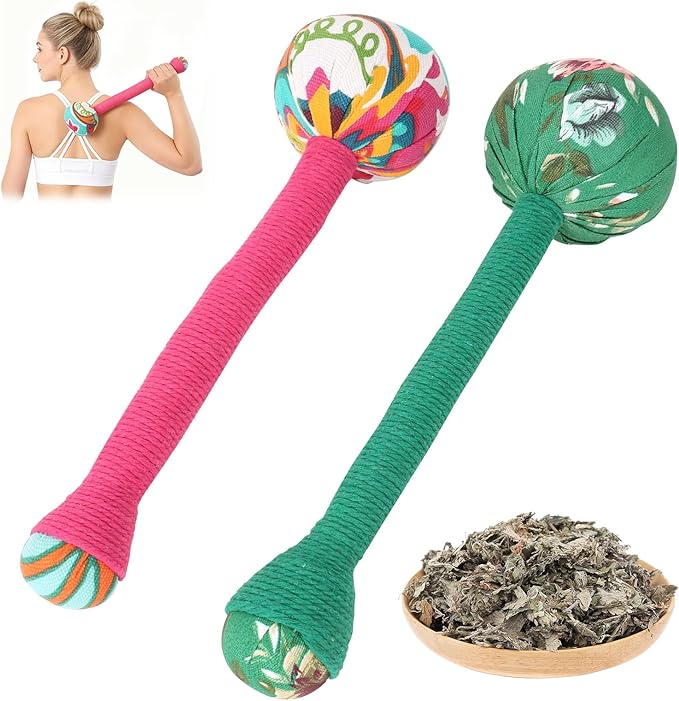 2PCS Long Wormwood Lymphatic Drainage Hammer, Manual Body Massage Hammer, Anti Slip Handheld Herbal Massage Hammer for Back Muscle Relaxation (Rose Red/Dark Green)
