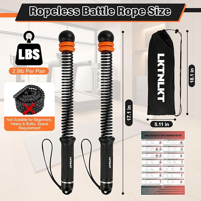 Weighted Ropeless Battle Ropes Adjustable Weight - Portable Cordless Battle Ropes for Home Gym with Workout Poster, Strength Building, HIIT & Low-Impact Cardio Training for Men & Women (Black/Orange)
