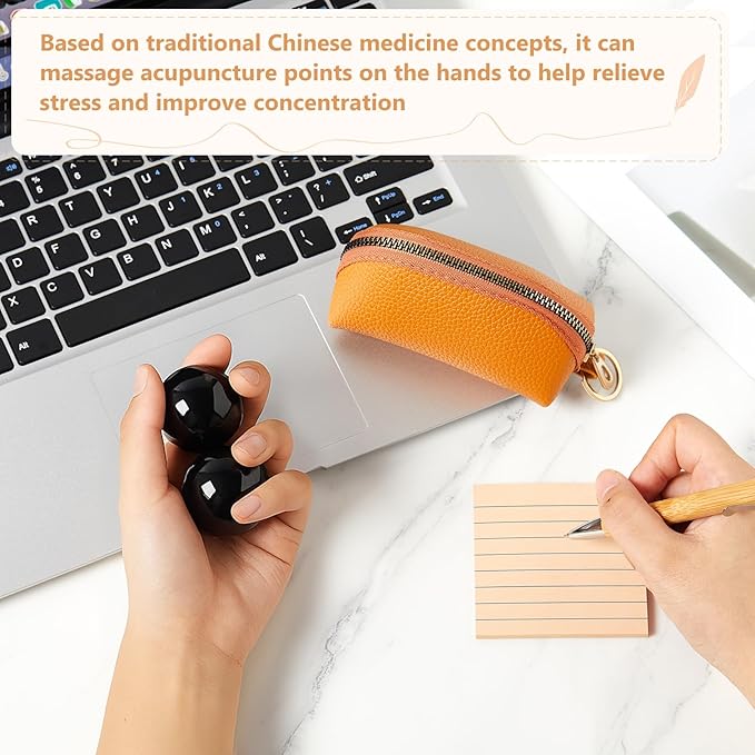 AceOrbit Baoding Balls Set of 2, Chinese Stress Relief Hand Exercise Balls with Leather Pouch, 1.89 Inch Black Obsidian, Finger Exercise and Wrist Strength Training