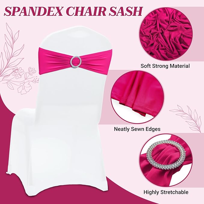 MDS Pack of 100 Spandex Chair Sashes Bow Premium Stretch Chair Cover Band with Buckle Slider Universal fits Elastic Dining Chair Ties for Wedding Party Banquet Events Decoration - Magenta