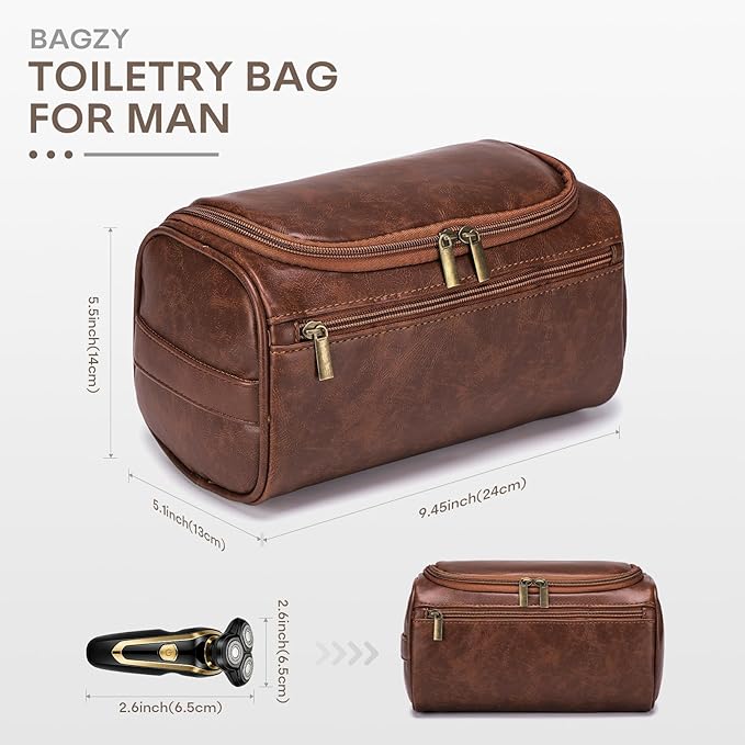 Travel Toiletry Bag for Men, Hanging Hygiene Bag EDC Pouches Small Dopp Kit Water-resistant Mens Shaving Kit Bags PU Leather Toiletry Organizer for Travel Weekend Fitness Hospital Brown
