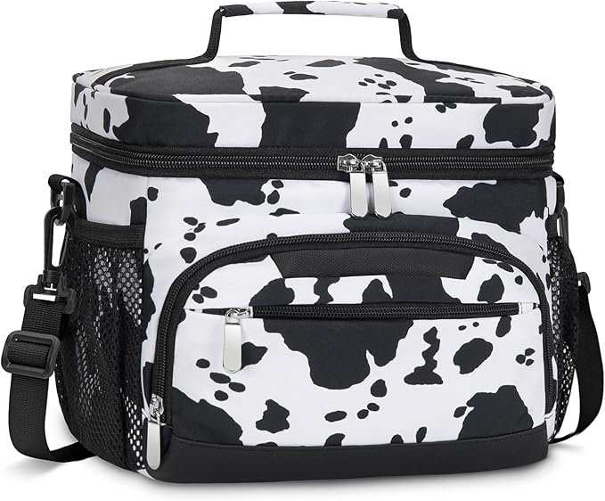 Lunch Boxs for Women/men Insulated Lunch bag,Leakproof Lunchbox with Adjustable Shoulder Strap for Adults,Soft Cooler Tote Bag for Office Fitness Picnic Beach Travel - Cow Print 12-Can(8L)