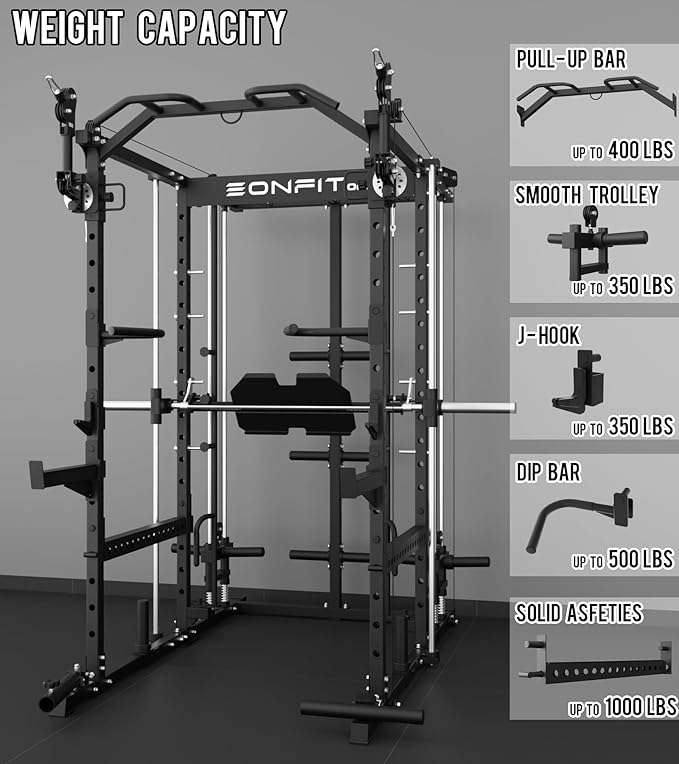 Eonfit E5 Smith Machine with Vertical Leg Press, Power Cage Squat Rack with LAT-Pull Down Cable Crossover Rotating Arms System Home Gym Equipment All in One