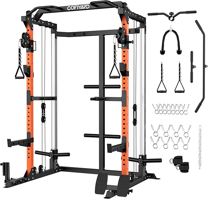 Cofiyard Power Cage, Power Rack with Dual Pulley System, Multi-Function Squat Rack with Cable Crossover, Home Gym Workout Machine