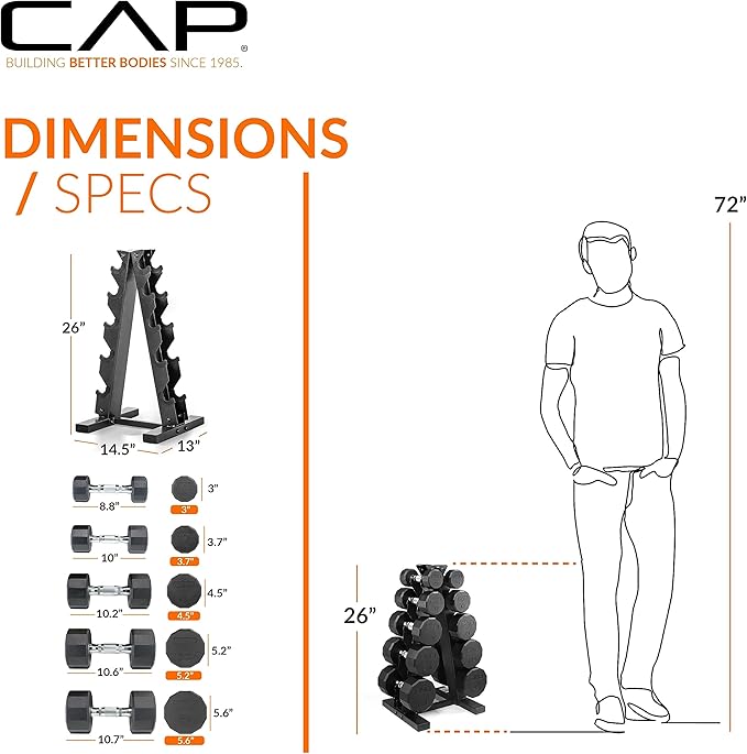 CAP Barbell 150 LB Coated Hex Dumbbell Weight Set with Vertical Rack | Multiple Options