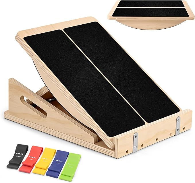 2-in-1 Wooden Slant Board & Balance Board, Adjustable Incline Calf Stretcher (15°–30°) for Plantar Fasciitis Relief & Balance Training, Portable Wood Incline Board with Resistance Bands