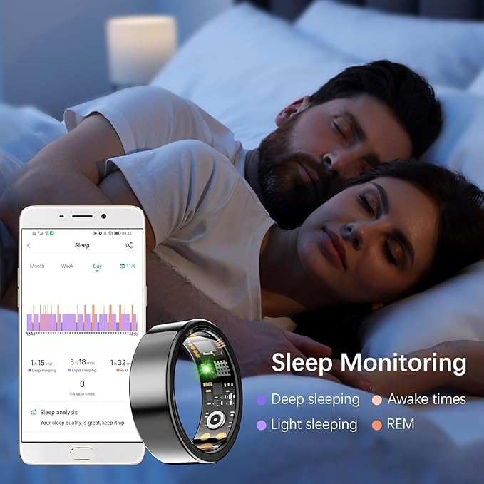 SEEVEN Smart Ring for Women Men, Fit Ring with Heart Rate, Blood Oxygen, HRV, Sleep Monitor, Stress, Step Counter, IP68 Waterproof Fitness Rings for iPhone & Android, No Subscription Fee (Black, 12#)