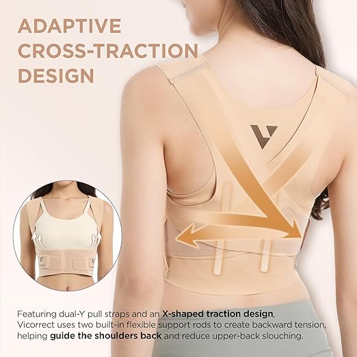 Vicorrect Adjustable Posture Corrector for Women: Comfortable Fit for Body Types - Invisible Under Clothes Wearable for Sitting and Exercise - Helps with Upper Back Shoulder Neck Pain (Beige, Medium)