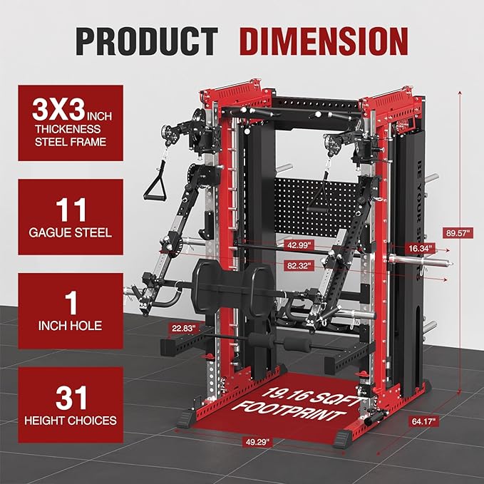 Commercial Smithe Machine with Dual Weight Stacks, Power Cage Squat Rack with Lever Arm & Leg Press Attachment, Multi-Function Linear Bearing Cable Crossover Machine for Home Gym