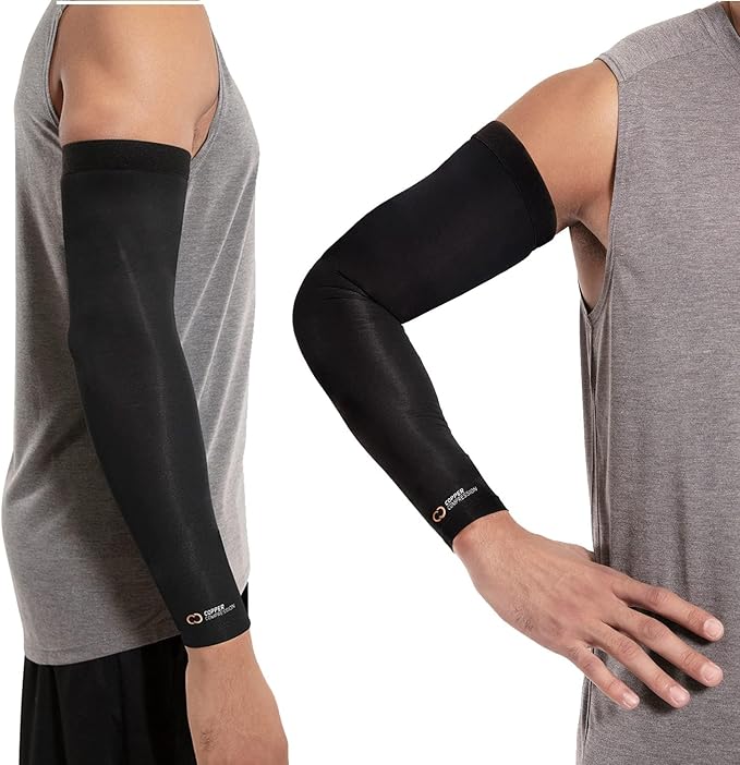 Copper Compression Arm Sleeve - Copper Infused Full Arm Brace for Forearm, Bicep, Triceps - Tennis Elbow, Basketball, Golf, Arthritis, Tendonitis, Bursitis, Post Surgery Rehab - Odor Resistant - Black - 2XL