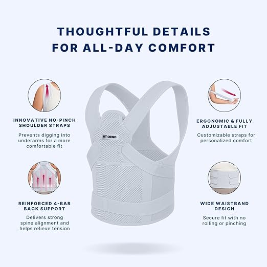 Fit Geno Back Brace Posture Corrector for Men & Women: Shoulder Straightener Adjustable Full Back Support Pain Relief - Scoliosis Hunchback Spine Corrector (Small), Gray