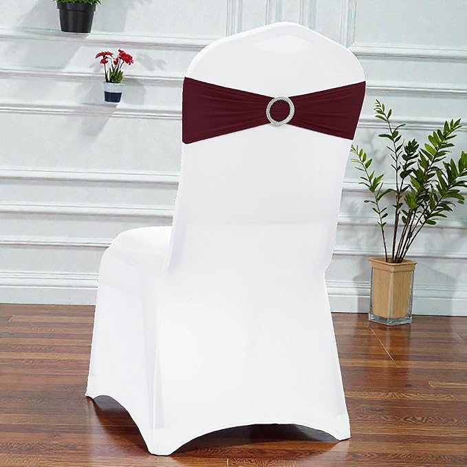 MDS Pack of 25 Spandex Chair Sashes Bow Premium Stretch Chair Cover Band with Buckle Slider Universal fits Elastic Stretch Chair Ties for Wedding Party Banquet Events Decoration - Burgundy