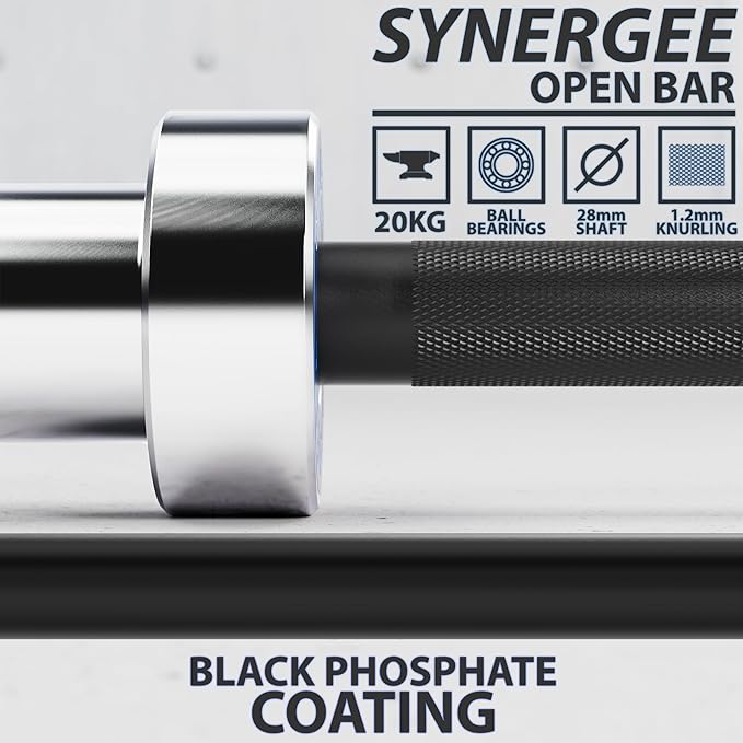 Synergee Open 15kg and 20kg Black Phosphate and Chrome Olympic Barbell. Rated 1000lbs for Weightlifting and Powerlifting.