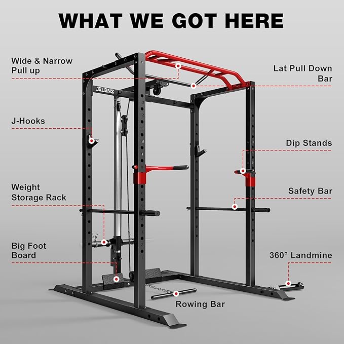 JELENS S11 Power Cage, 2000LB Multi-Function Power Rack with LAT Pulldown, Squat Rack with Adjustable Pulley System and Training Attachments, Weight Rack for Home Gym