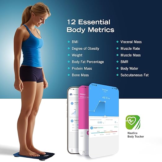 Nautica Body Tracker Digital Bathroom Scale, Bluetooth-Enabled Smart Scale with BMI, Body Fat, Muscle Mass Tracking & More, Syncs with Smartphone App for Body Composition Tracking, 440 Lbs.
