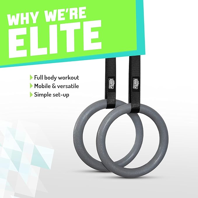 Elite Sportz Gymnastic Rings - Exercise Ring Set for Total Body Strength Training & Pull Ups w/Secure Buckles & Straps - 2 Non Slip Olympic Rings, Indoor Workout Equipment for Kids & Adults