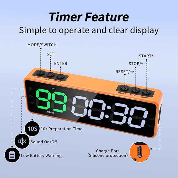 Portable Gym Timer with Strong Magnet for Home Gym, Interval Timer with Battery Supply, Workout Clock with Stopwatch, Count up/Down,Custom Interval for Fitness/Home/Boxing