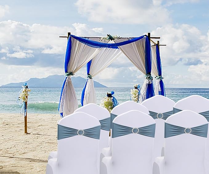 Spandex Dusty Blue Chair Sashes Bows 50 PCS Stretch Chair Bands with Buckles Slider Universal Elastic Chair Ties for Wedding Party Birthday Banquet Engagement Baby Shower Events Decoration