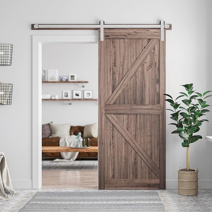 SMARTSTANDARD 6 Feet Brushed Nickel Barn Door Hardware Kit-Heavy Duty Sliding Track-Smoothly and Quietly-Easy to Install-Fit 36" Wide Door Panel (J Shape Hanger)