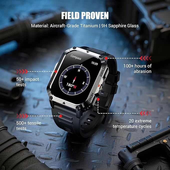 Military Tactical Smart Watches for Men, 100-Day Battery Rugged Fitness Watch with Compass & Flashlight, Sports Watch for Android with 2.01" HD Display AI Voice, IP68 Waterproof Smartwatch (Black)