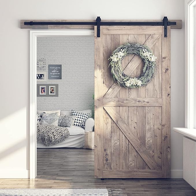 SMARTSTANDARD 7FT Sliding Barn Door Hardware Kit, Heavy Duty Track-Smoothly and Quietly-Includes Detailed Installation Instruction Fit 42" Wide Doorpanel (J Shape Hanger) Black
