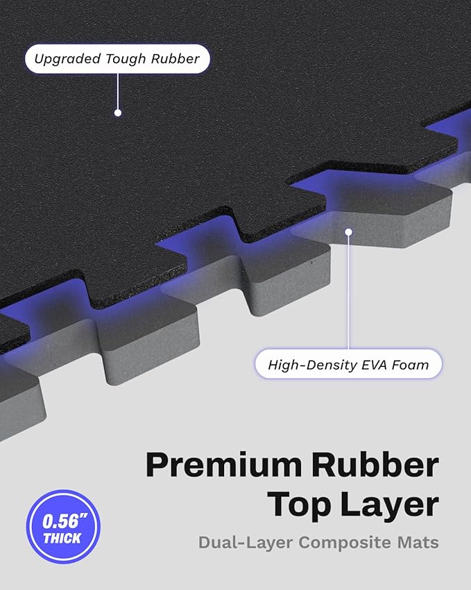 AIRHOP 0.56in Thick 48 Sq Ft Exercise Equipment Mats, 12 Tiles Upgraded Rubber Top with High Density EVA Foam, Large Interlocking Puzzle Gym Flooring for Home Gym, Heavy Weight Workout,Black
