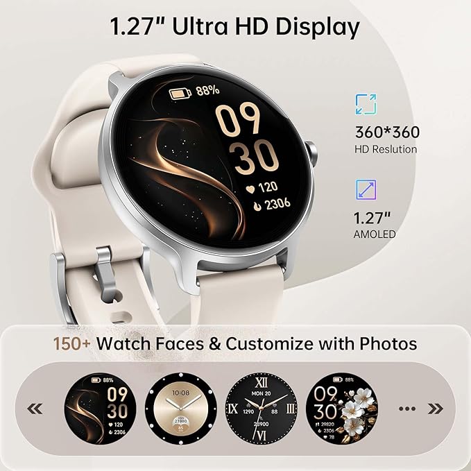 Smart Watch for Women, 1.27" AMOLED Screen Smartwatch with Answer/Make Call for iPhone/Android/Samsung, Fitness Tracker with 120+ Sport Modes, Heart Rate/Sleep/Health Monitor, IP68 Waterproof, 2 Bands