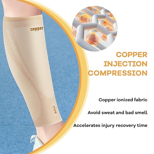 Copper Calf Compression Sleeves for Men & Women - High Stretch Graduated Compression with Anti-Slip Grip | Breathable & Smooth Lining Footless Design for Runners, Shin Splints, Leg Fatigue & Travel (Nude, XX-Large)