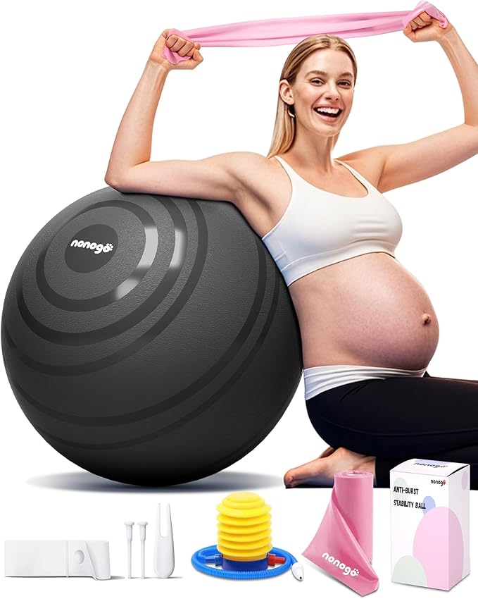 nonogo Birthing Ball for Pregnancy with Resistance Bands- Exercise Ball for Working Out, Yoga, Physical Therapy, Maternity Physio, Balance Stability Ball with Pump
