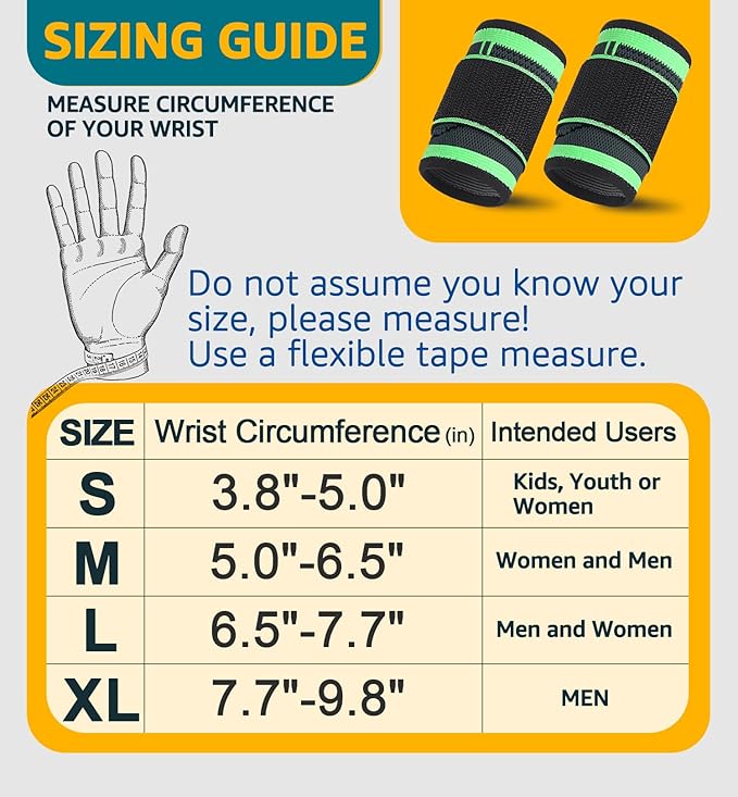 HiRui Wrist Brace Wrist Wraps Compression Wrist Strap, Wrist Support for Work Fitness Weightlifting Sprains Tendonitis, Carpal Tunnel Arthritis, Pain Relief, Adjustable Wristbands 2 PACK (Green, L)
